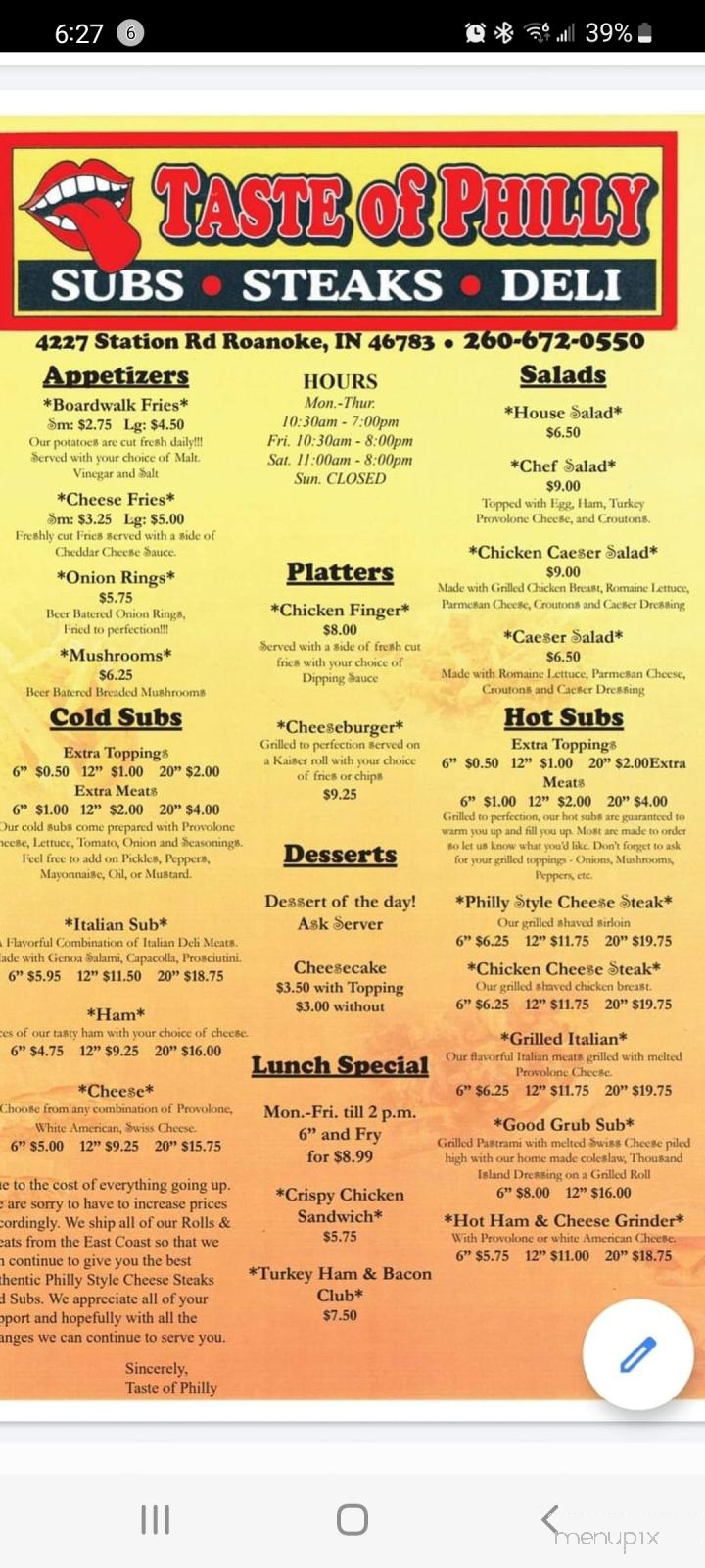 Taste of Philly - Roanoke, IN menu_pic