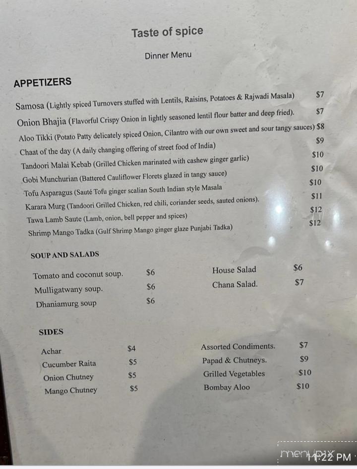 Taste of spice - Fredericksburg, VA menu_pic