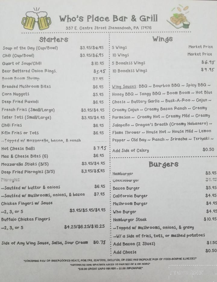 Who's Place Bar & Grill - Shenandoah, PA menu_pic