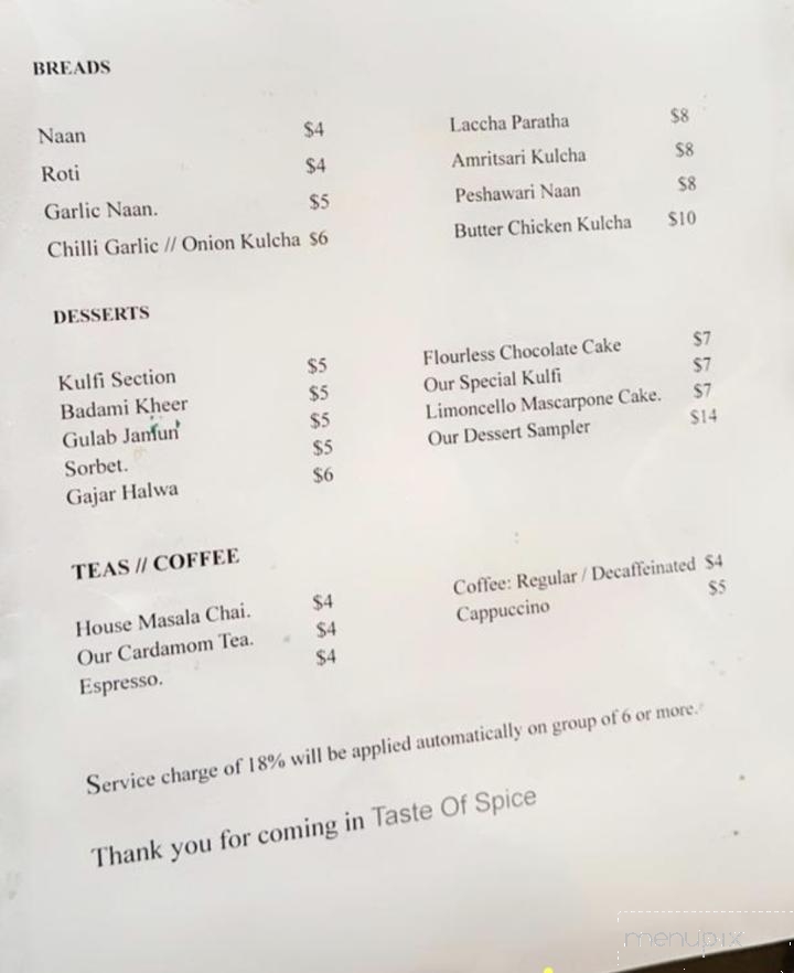 Taste of spice - Fredericksburg, VA menu_pic