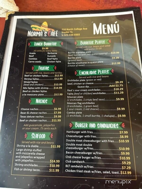 Norma's Cafe - Snyder, TX menu_pic