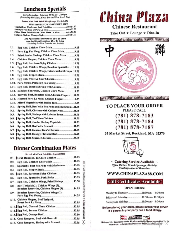 China Plaza Restaurant - Rockland, MA menu_pic