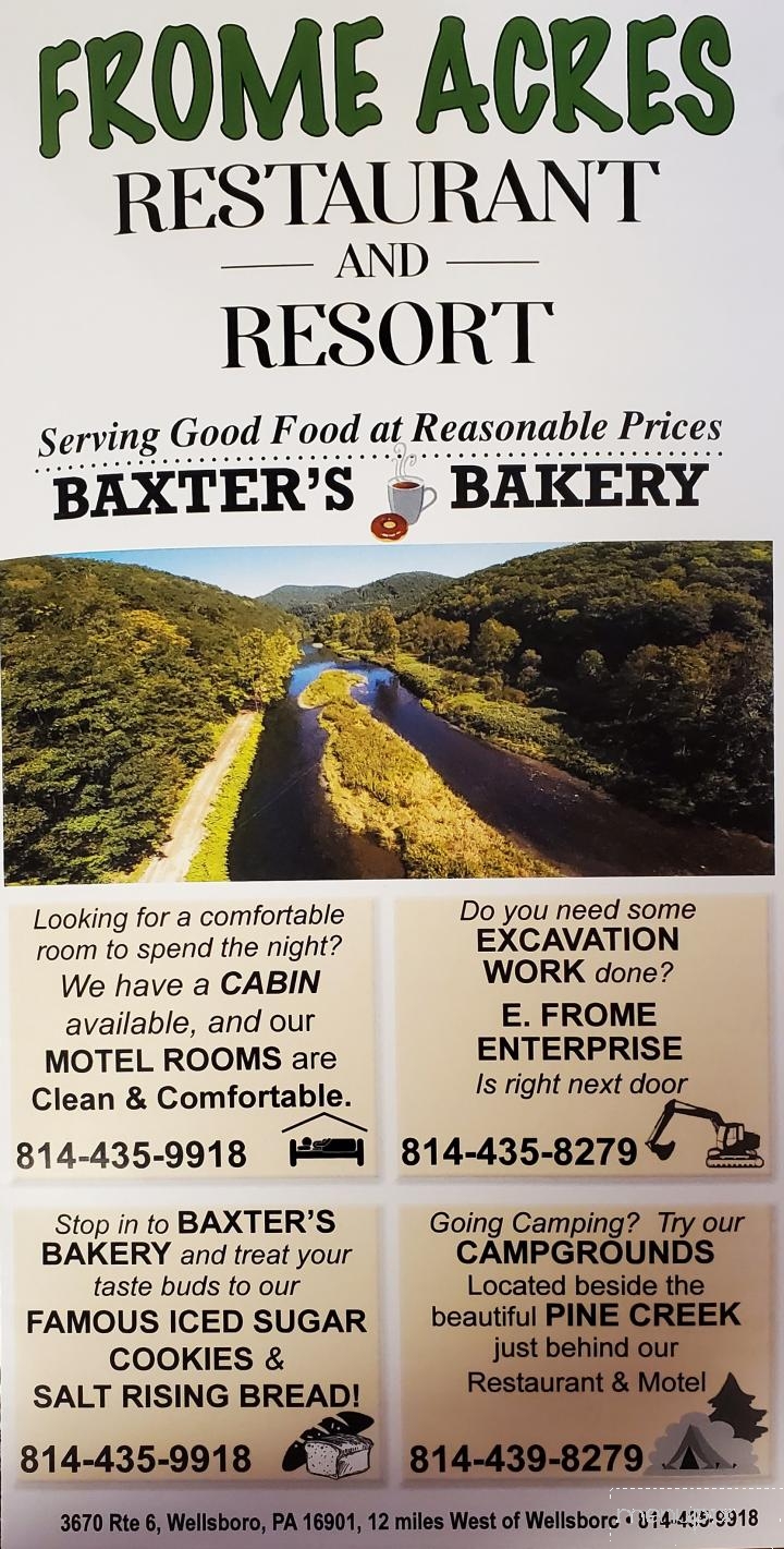 Frome Acres Resort and Baxters Bakery - Wellsboro, PA menu_pic