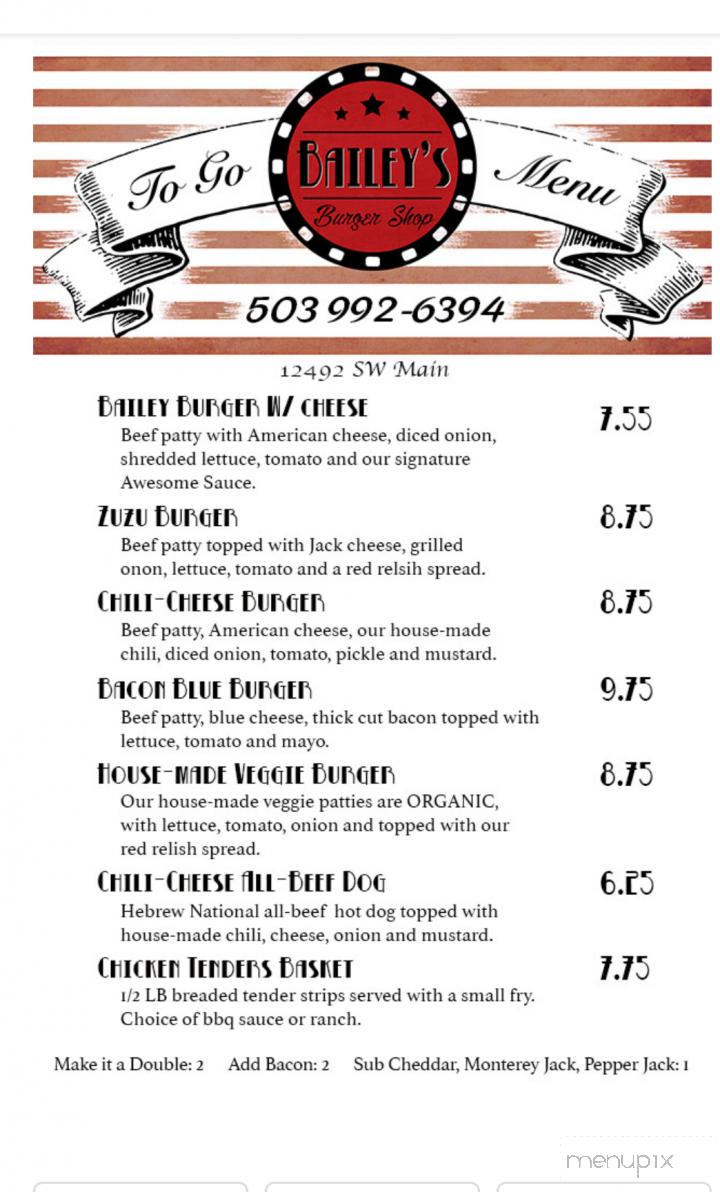 Bailey's Burger shop - Tigard, OR menu_pic
