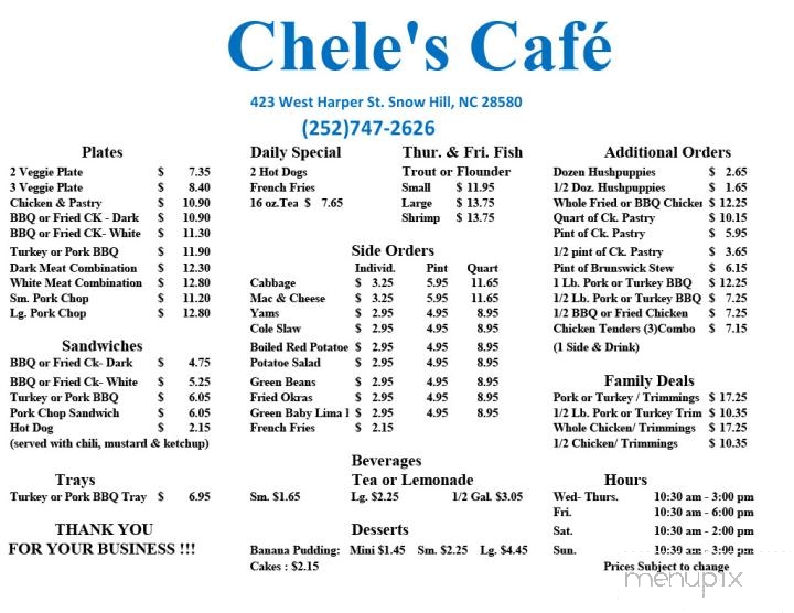 Chele's Cafe - Snow Hill, NC menu_pic