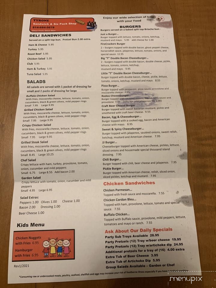 Tyrone Sandwich and Six Pack Shop - Tyrone, PA menu_pic