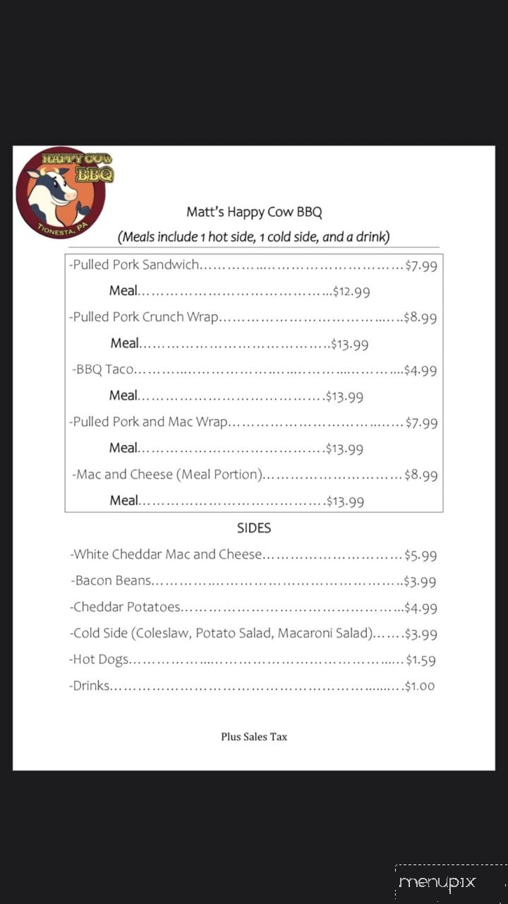 Matt's Happy Cow BBQ - Tionesta, PA menu_pic