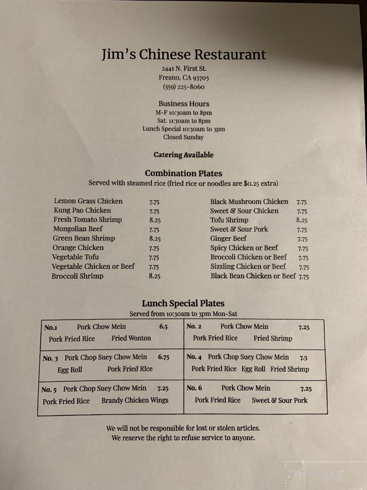 Jim Restaurant - Fresno, CA menu_pic