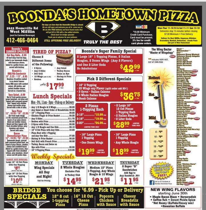 Boonda's Home Town Pizza - West Mifflin, PA menu_pic