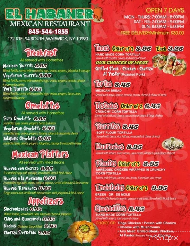 El Habanero Restaurant - Warwick, NY menu_pic