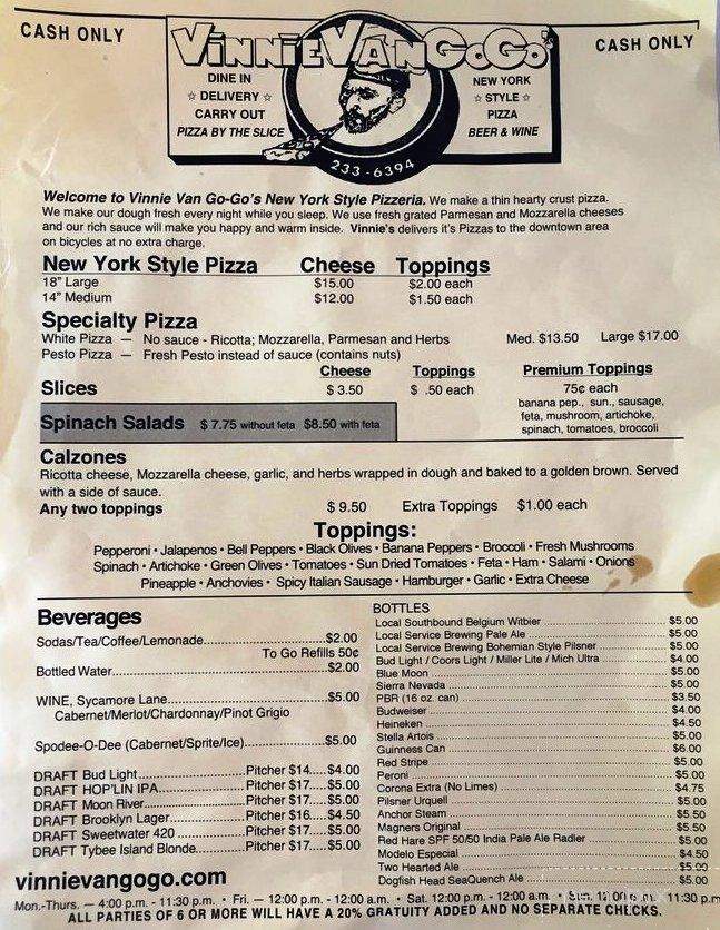 Vinnie Van Go-Go's - Savannah, GA menu_pic