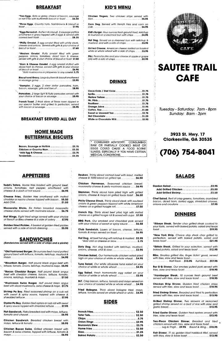 Sautee Trail Cafe - Clarkesville, GA menu_pic