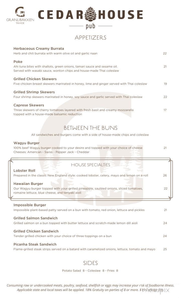Cedar House Pub - Tahoe City, CA menu_pic