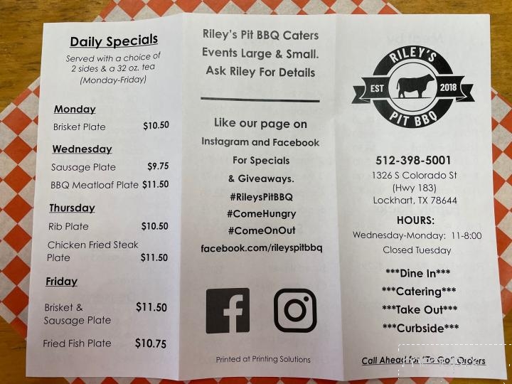 Riley's Pit BBQ - Lockhart, TX menu_pic
