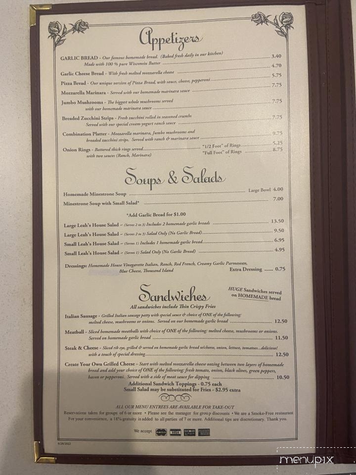 Leah's Italian Restaurant - Muskego, WI menu_pic