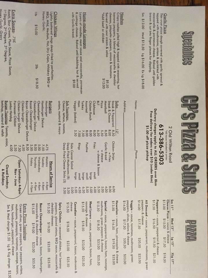 CP's Pizza & Subs - Odessa, ON menu_pic