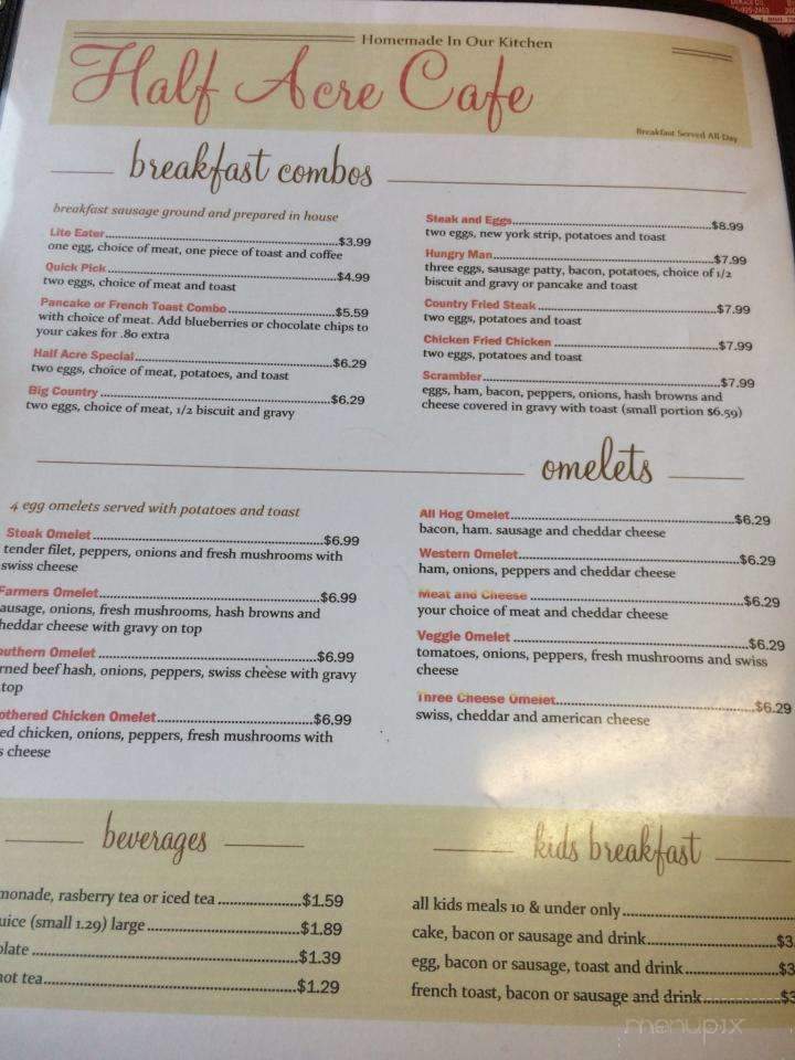 Menu of Half Acre Cafe in Albion, IN 46701