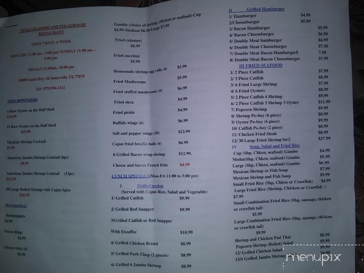 Texas Seafood & Steak House - Somerville, TX menu_pic