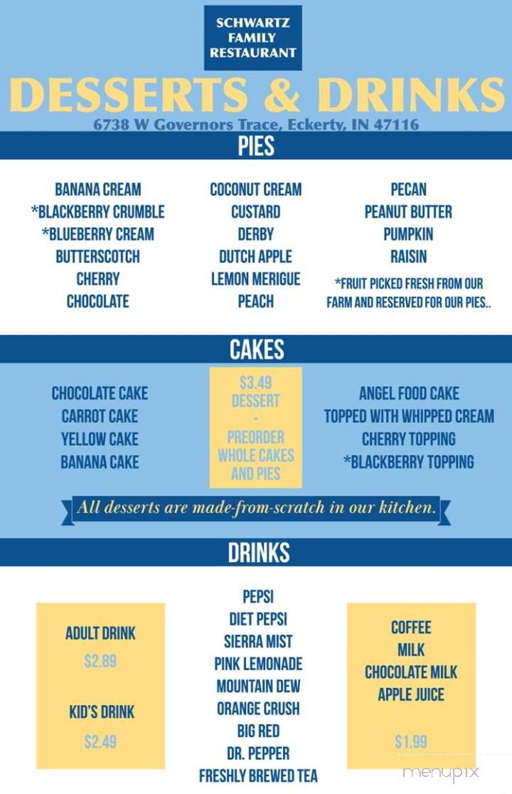 Menu of Schwartz Family Restaurant in Eckerty, IN 47116