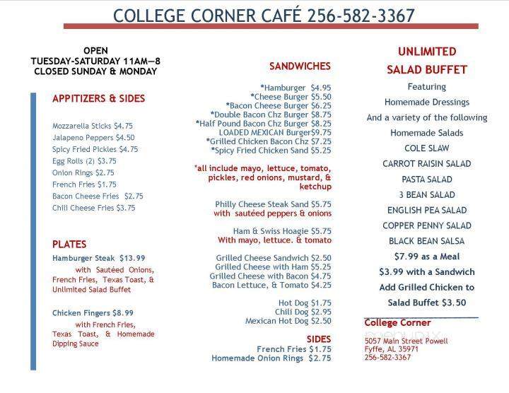 College Corner Restaurant - Fyffe, AL menu_pic