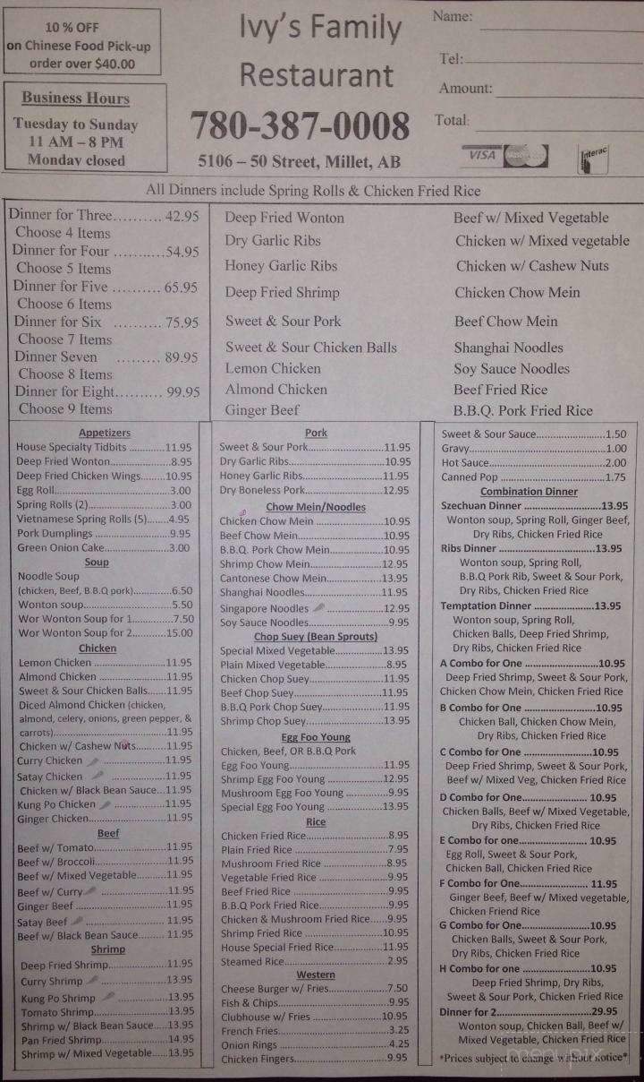 Ivys Family Restaurant - Millet, AB menu_pic
