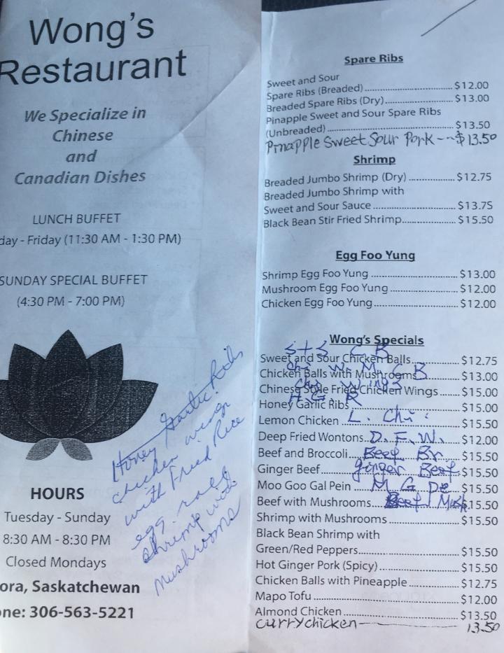 Wong's Cafe - Canora, SK menu_pic