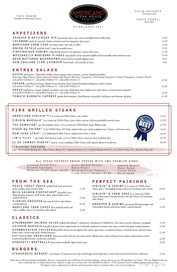 Americano Steak House - Roan Mountain, TN menu_pic