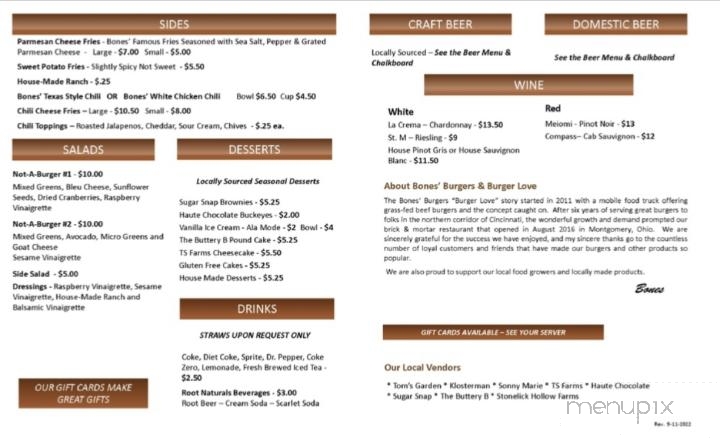 Bones' Burgers - Mason, OH menu_pic