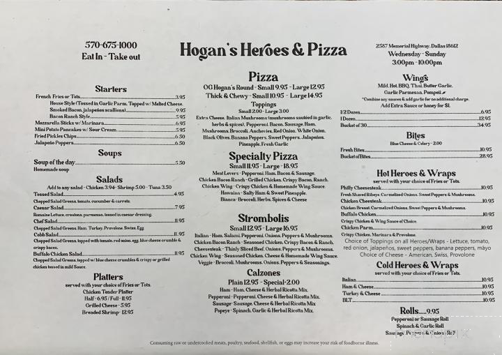 Hogan's Heroes & Pizza - Dallas, PA menu_pic
