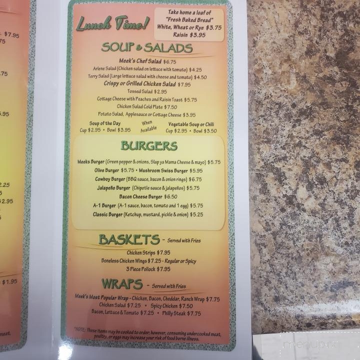 Meeks Mill Restaurant - Constantine, MI menu_pic
