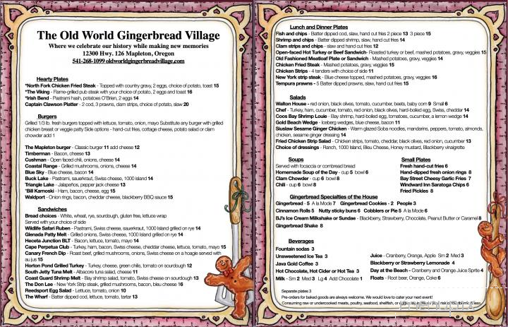 Old World Gingerbread Village - Mapleton, OR menu_pic