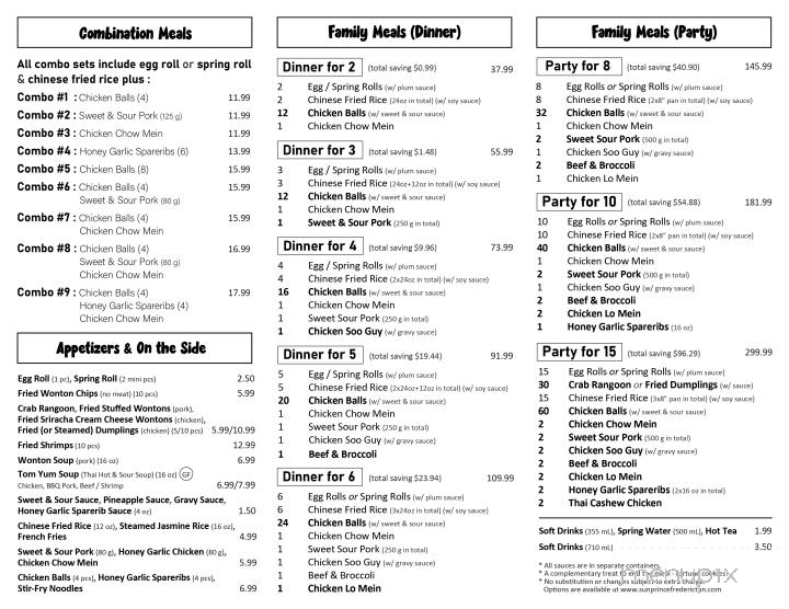 Sun Prince Restaurant - Fredericton, NB menu_pic