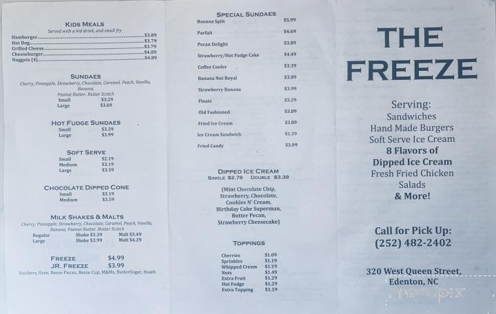 Freeze Restaurant - Edenton, NC menu_pic