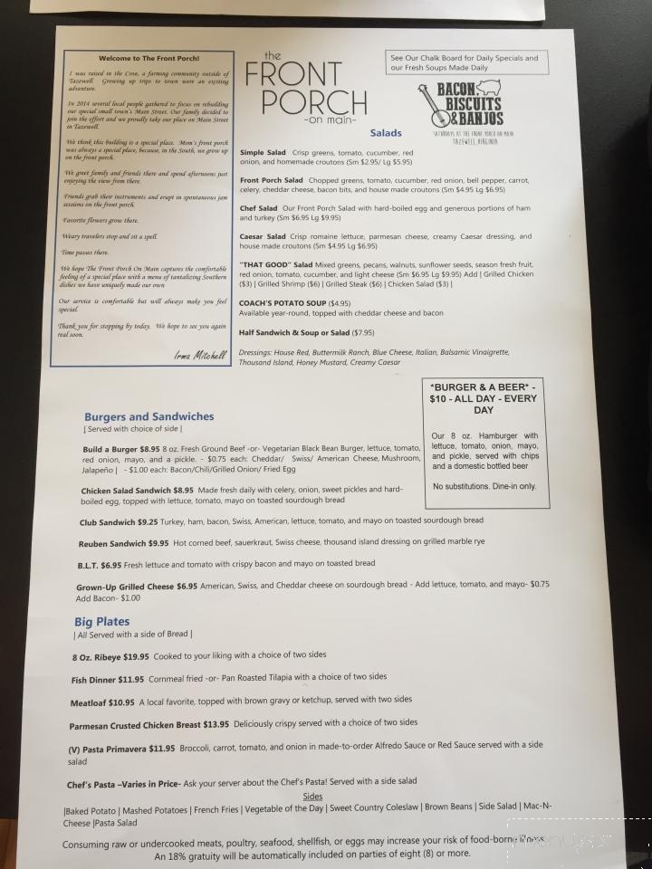The Front Porch on Main - Tazewell, VA menu_pic
