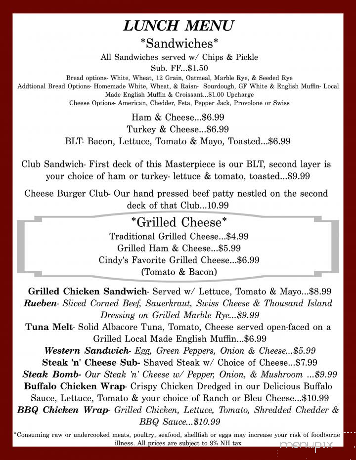 Cindy's Place - Wakefield, NH menu_pic