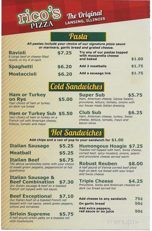 Rico's Pizza - Lansing, IL menu_pic