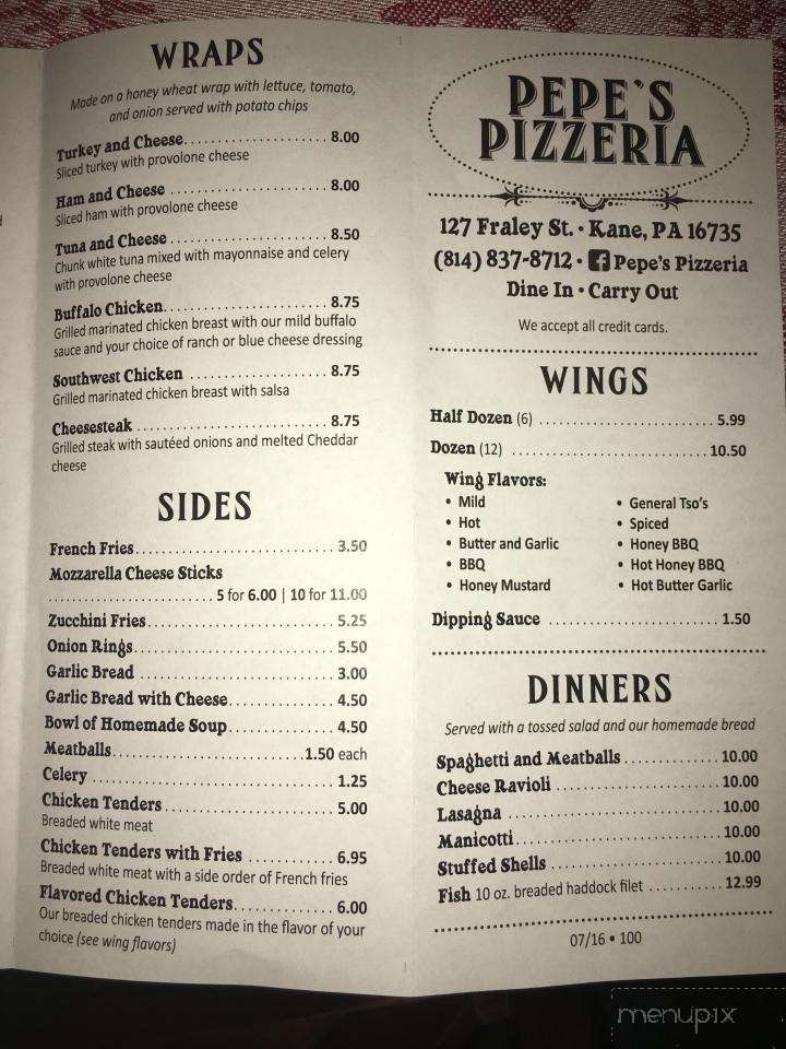 Menu of Pepe's Pizzeria in Kane, PA 16735