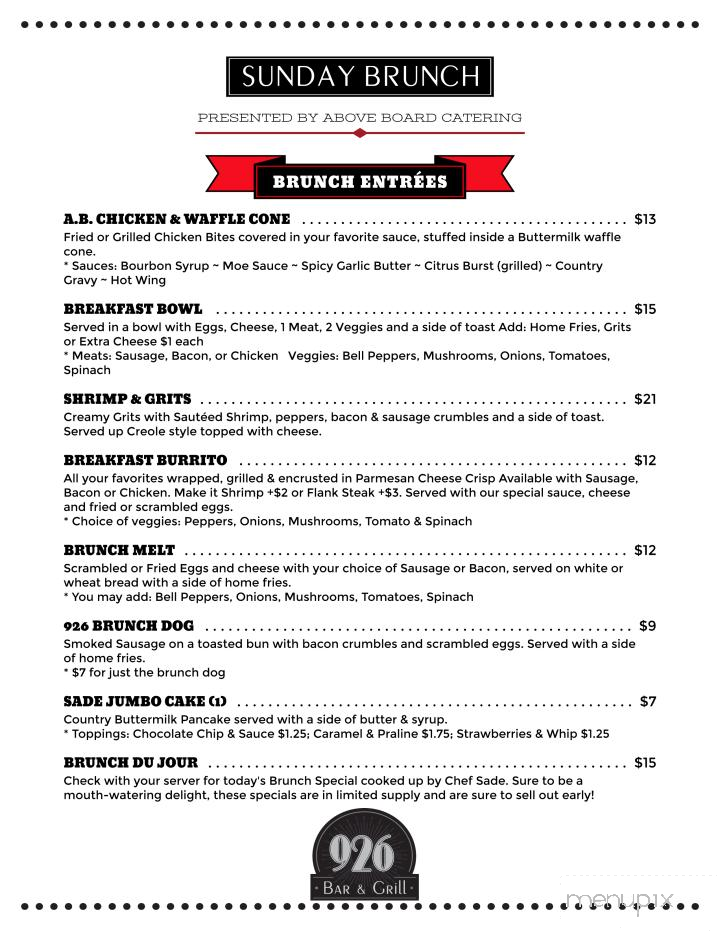926 Bar & Grill - Tallahassee, FL menu_pic