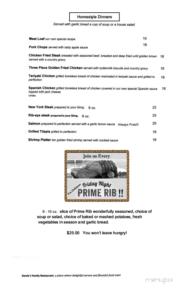 Stevies Family Restaurant - Prunedale, CA menu_pic
