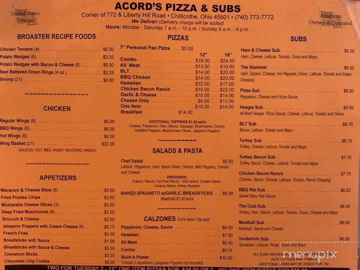 Acord's Pizza & Subs - Chillicothe, OH menu_pic