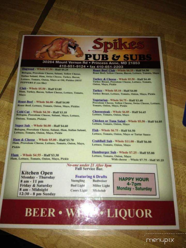 Spikes Pub & Subs - Princess Anne, MD menu_pic