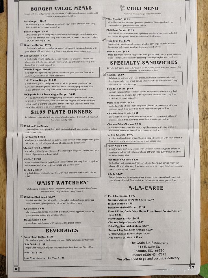 The Grain Bin Restaurant - Chanute, KS menu_pic