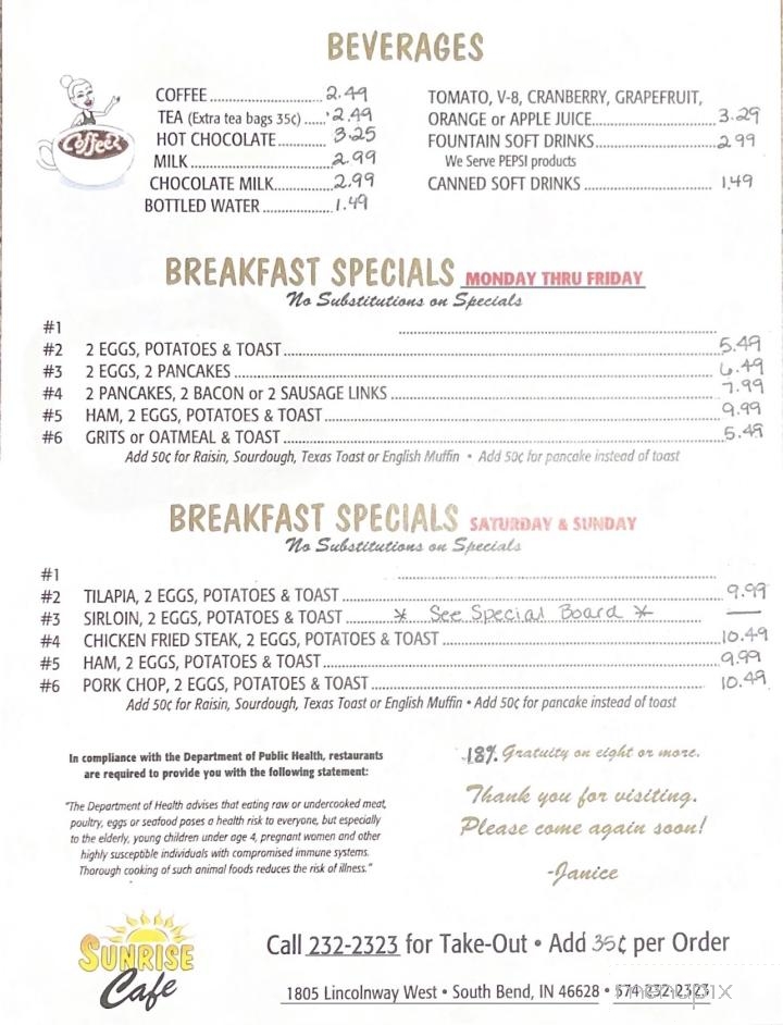 Sunrise Cafe - South Bend, IN menu_pic