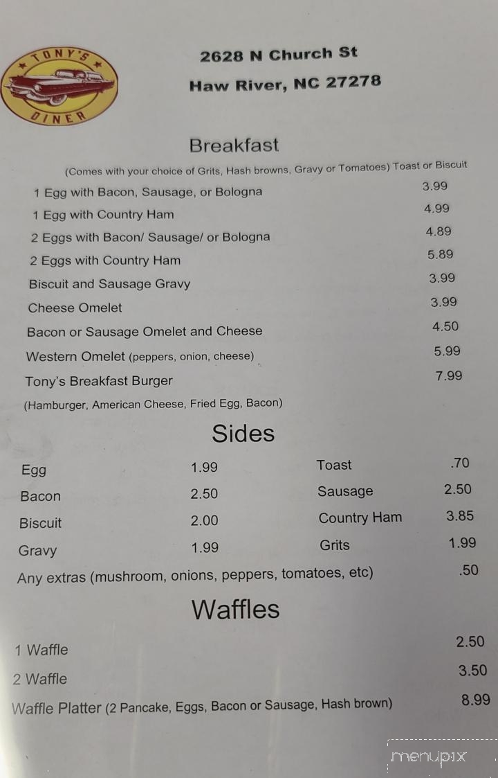 Tony's Diner - Burlington, NC menu_pic