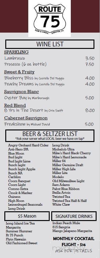 Route 75 Bar & Grill - Dakota, IL menu_pic