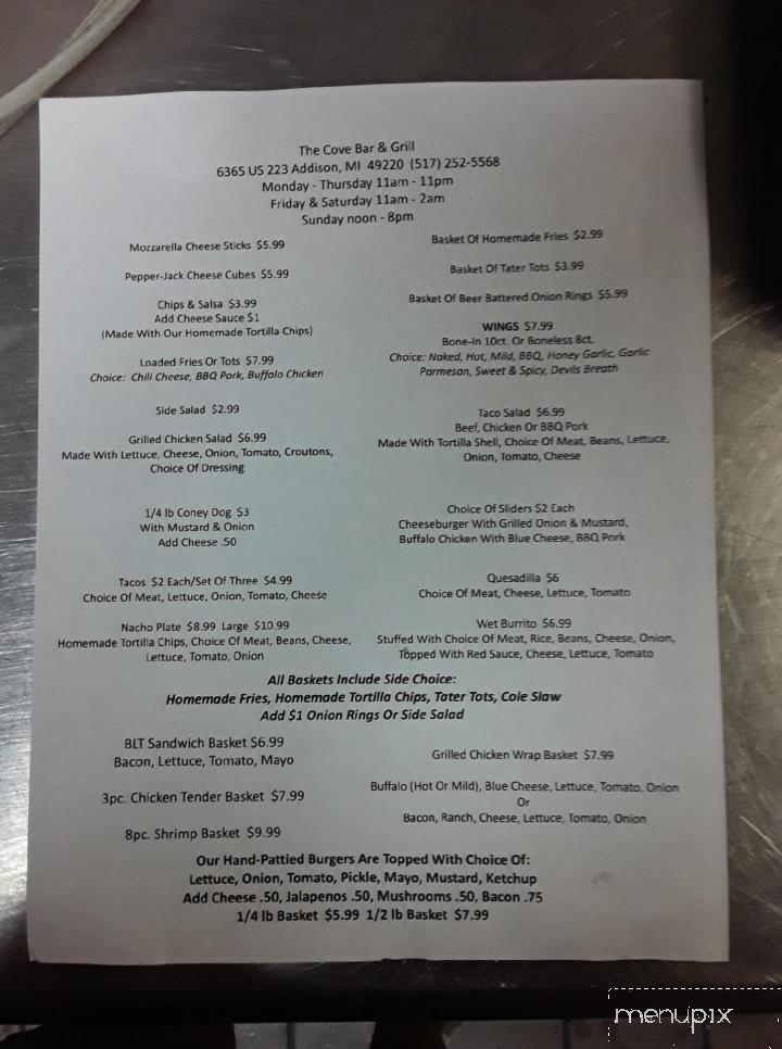The Cove Bar & Grill - Addison, MI menu_pic