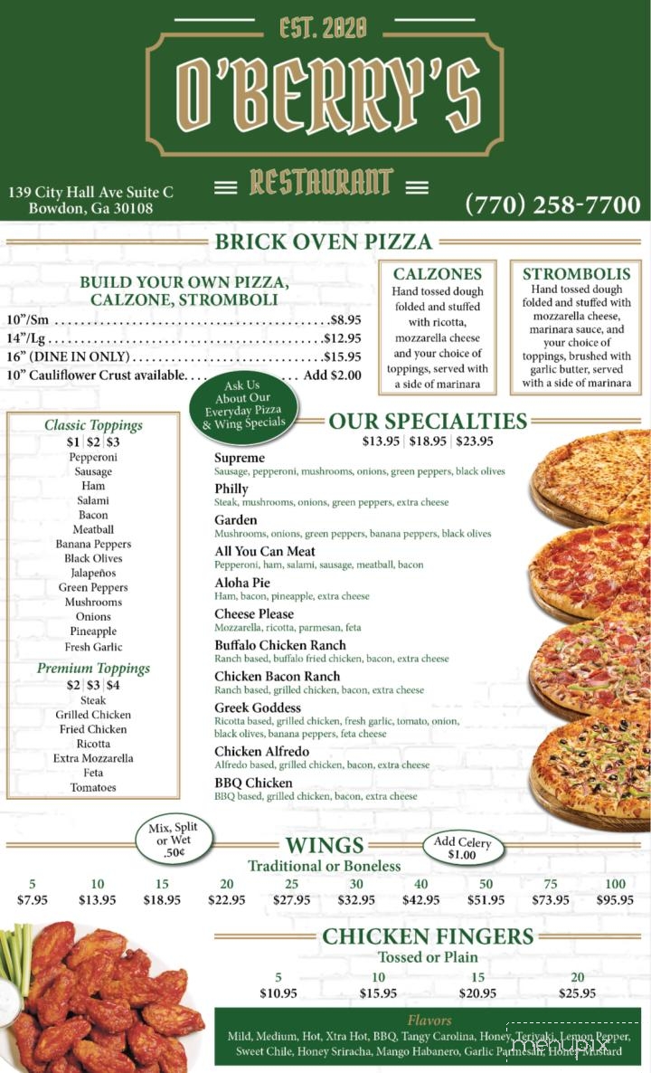 O'Berry's - Bowdon, GA menu_pic