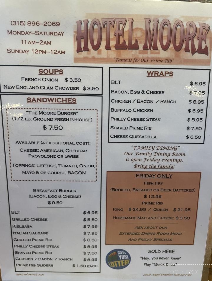 Hotel Moore - Barneveld, NY menu_pic