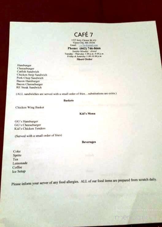 Cafe 7 - Yazoo City, MS menu_pic