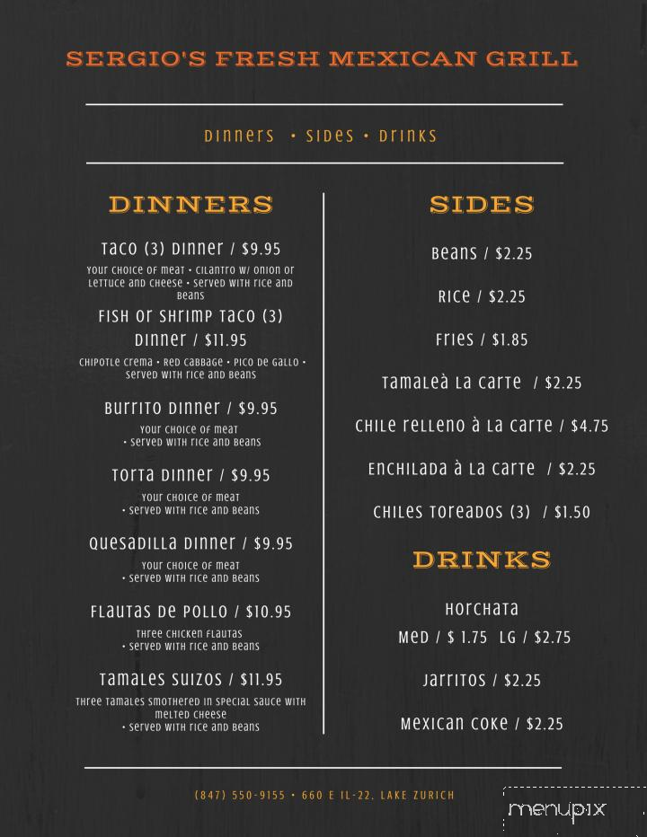 Sergio's Fresh Mexican Grill - Lake Zurich, IL menu_pic